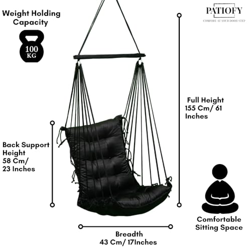 Patiofy Soft Cotton Hammock Hanging Swing for Adults & Kids/Swing Chair for Home/Jhula for Adults/Swing for Living Room, Home, Balcony/Hanging Jhoola Chair (Black) - Image 4