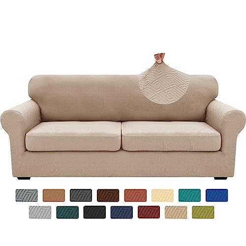 XINEAGE 2025 New 3 Pieces Couch Covers for 2 Extra Large Cushion Sofa Super Stretch Sofa Cover for 2 Large Seat Cushion Universal Loveseat Slip Cover for Living Room Khaki 71912 Cushions