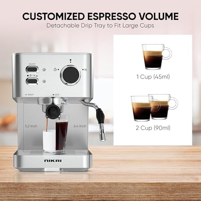 نيكاي ماكينة صنع قهوة اسبريسو كابتشينو لاتيه من الفولاذ المقاوم للصدأ مع فلتر 2 كوب ونظام تسخين مسبق ورغوة عالية الضغط مثالية للمنزل والمكتب Nem230A ضمان لمدة عامين - Image 5