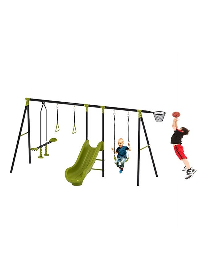 JSAITOYS Swing Sets for Backyard 5-in-1 Heavy Duty Metal Swing Stand Basketball Hoop and Slide for Kids - Image 1