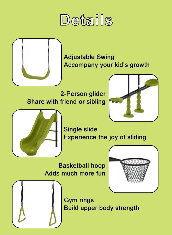 JSAITOYS Swing Sets for Backyard 5-in-1 Heavy Duty Metal Swing Stand Basketball Hoop and Slide for Kids - Image 2