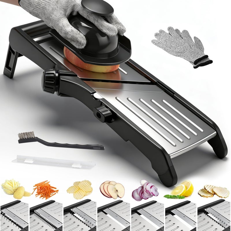 BINGBING Mandoline Food slicer for kitchen, Adjustable Stainless Steel Mandoline Vegetable slicer, Food slicer Onion Potato Chip French Fry, 7 in-1 Adjustable Blade, Including 1 Pair of Gloves - Image 1
