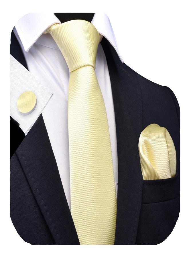 GUSLESON Light Yellow Ties For Men Solid Wedding Neckties and Pocket Square Cufflinks Sets (0789-43) - Image 1