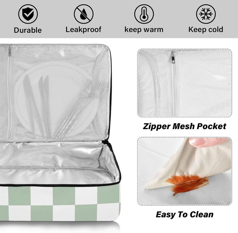 ElliTarr Casserole Carrier Insulated Casserole Dish Carrier Thermal Food Warmer Bag Lasagna Holder Lugger Tote Potluck Containers for Travel Picnic Party Checkered White and Green - Image 4