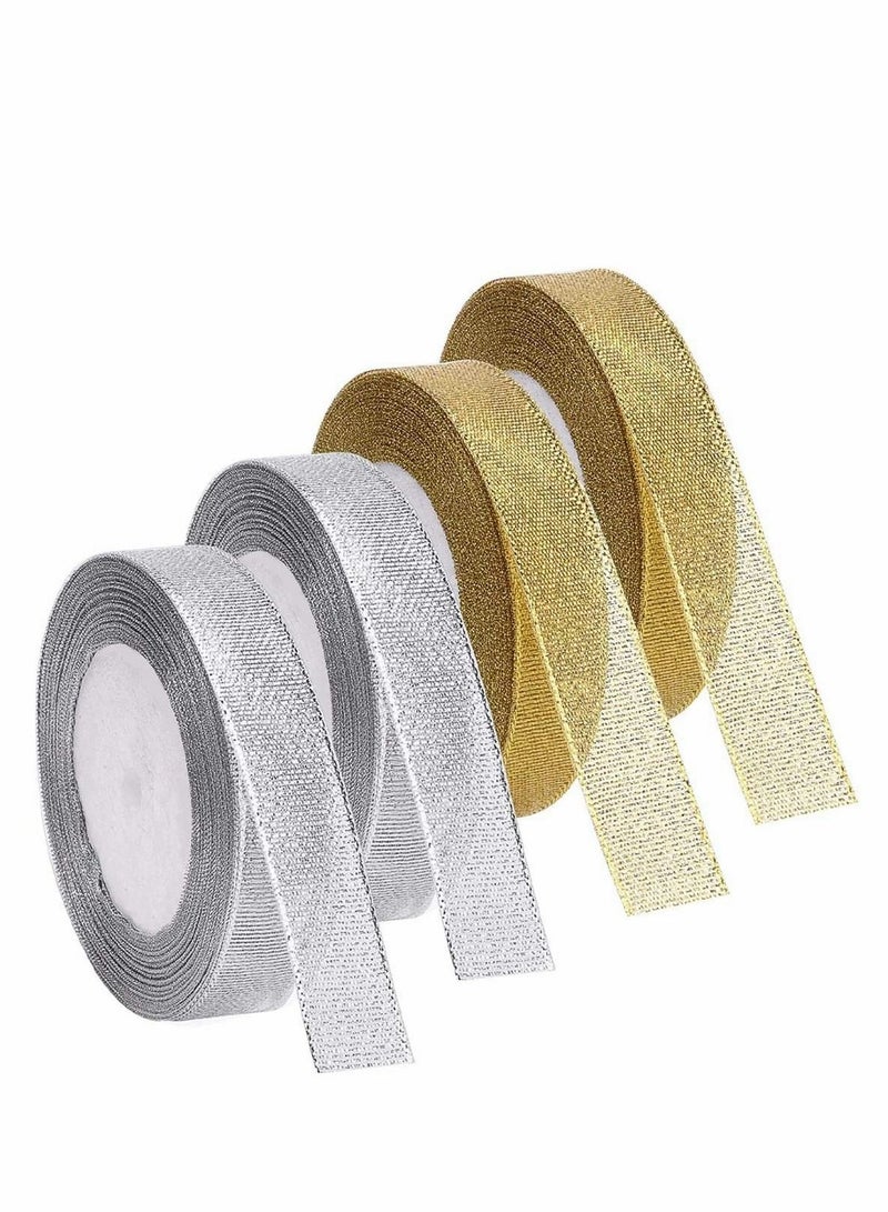 Excefore Metallic Glitter Ribbon, Decoration Gift Wrapping Ribbons Organza Glitter Ribbons for Holiday Wedding Birthday Party Decoration Gift Wrapping (2 Pcs Golden + 2 Pcs Silvery) - Image 1