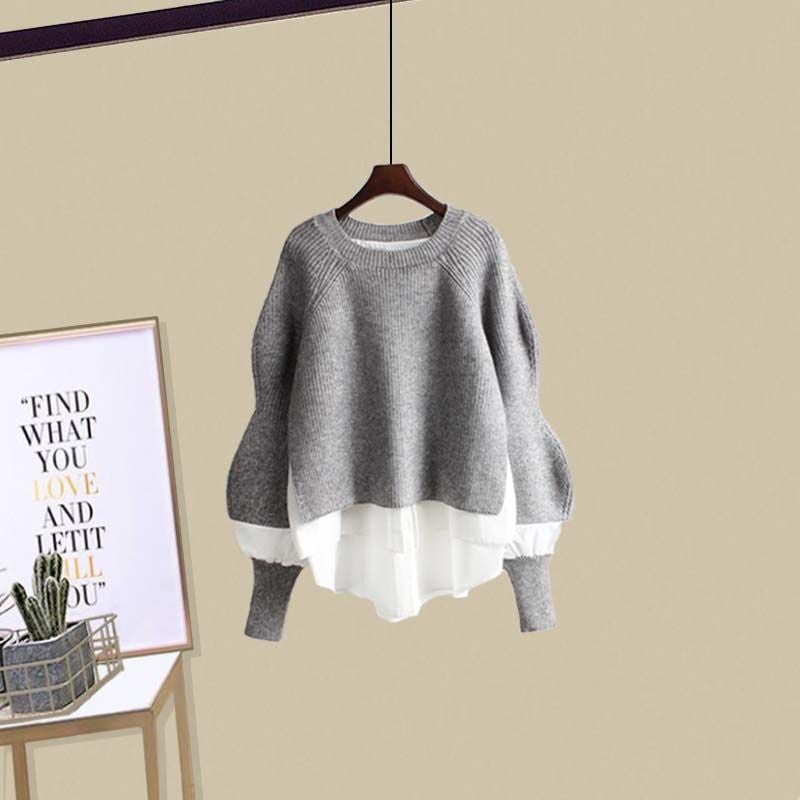 2024 Autumn Winter Plus Size Sweater Shirt Knit Pants Set Gray top [single piece]