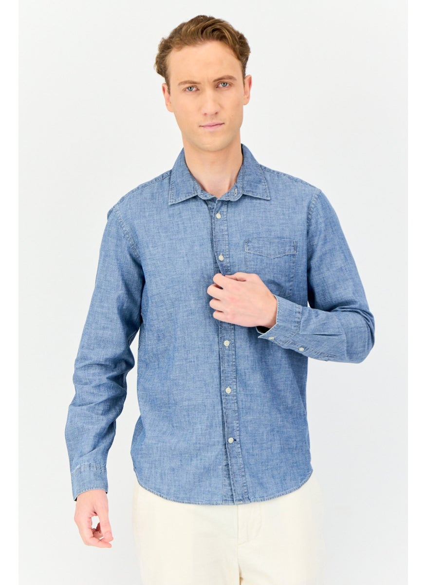 GAP Men Regular Fit Chambray Pattern Long Sleeve Casual Shirt, Washed Blue  - Image 1