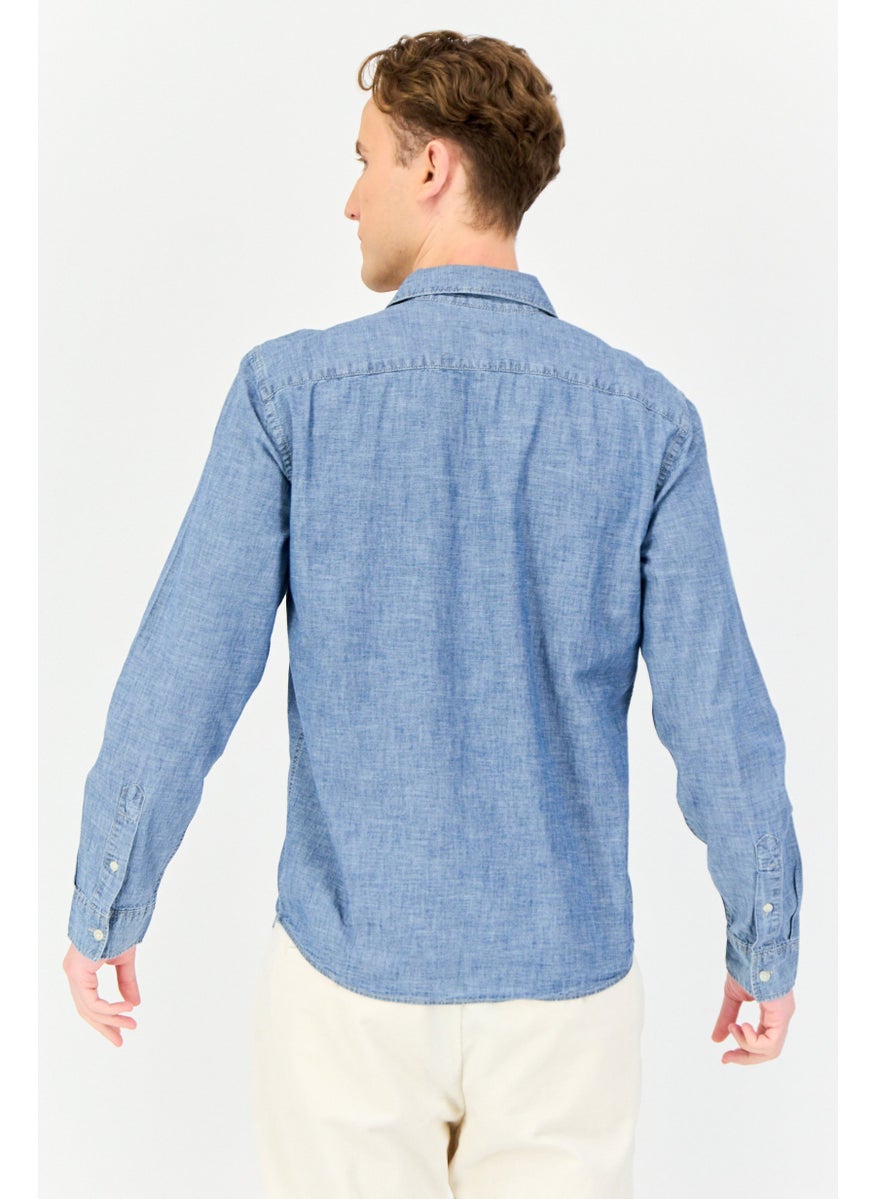 GAP Men Regular Fit Chambray Pattern Long Sleeve Casual Shirt, Washed Blue  - Image 4