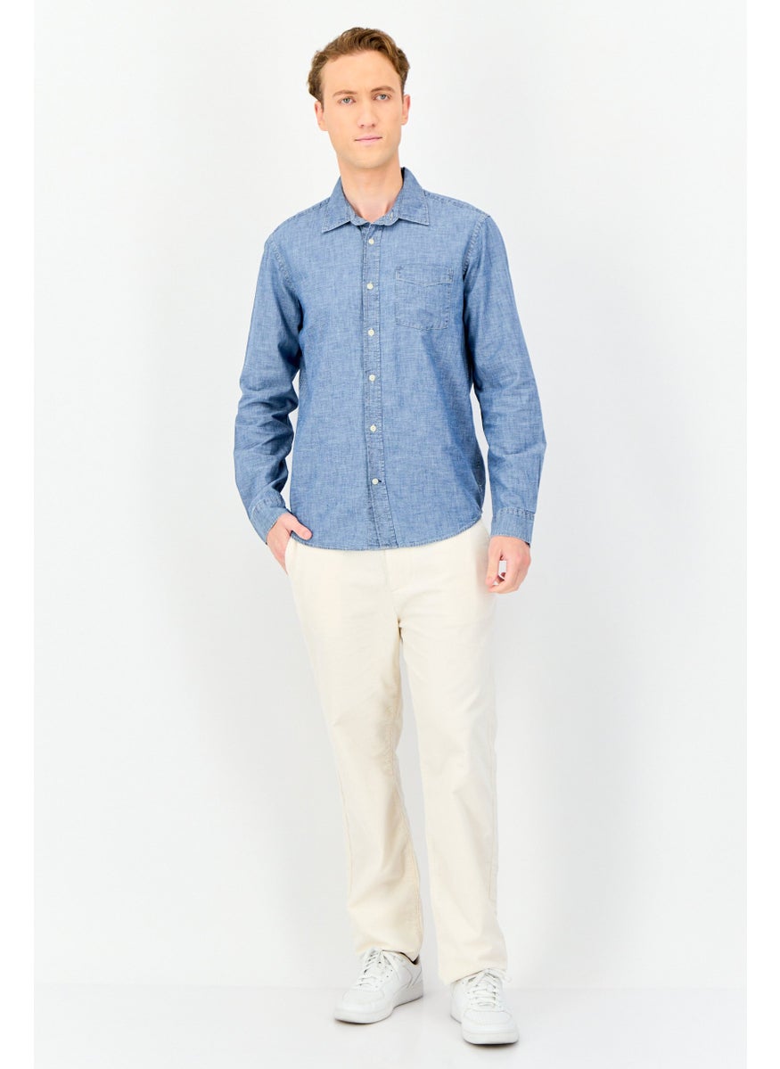 GAP Men Regular Fit Chambray Pattern Long Sleeve Casual Shirt, Washed Blue  - Image 3