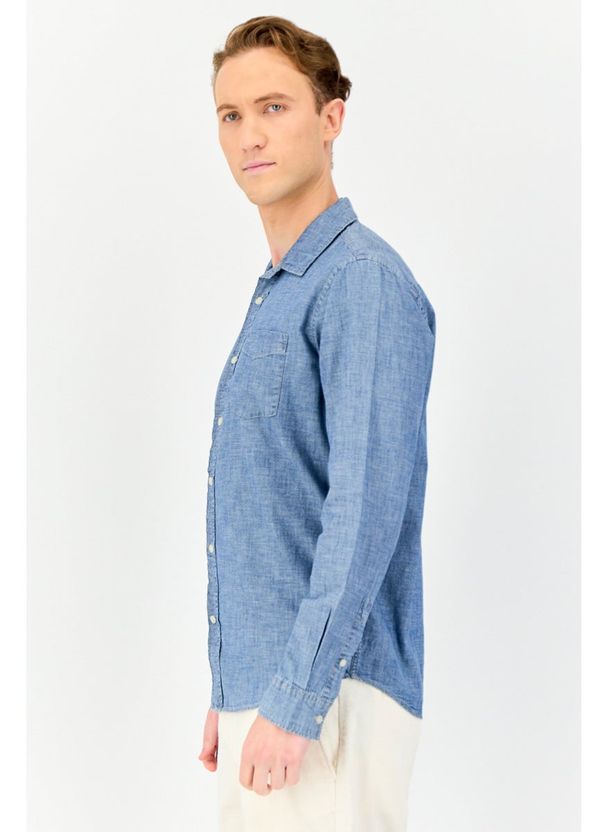 GAP Men Regular Fit Chambray Pattern Long Sleeve Casual Shirt, Washed Blue  - Image 2