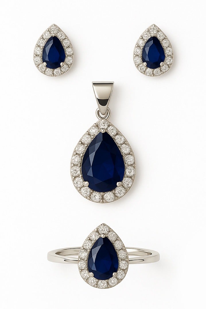 Ready For Chai 925 Sterling Silver Teardrop Sapphire Blue CZ Halo Jewelry Set Pendant, Earrings & Ring | Anti-Tarnish - Image 1