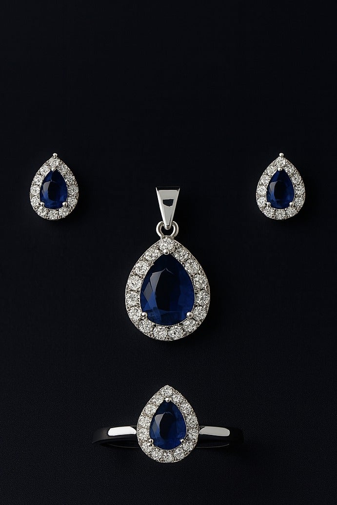Ready For Chai 925 Sterling Silver Teardrop Sapphire Blue CZ Halo Jewelry Set Pendant, Earrings & Ring | Anti-Tarnish - Image 3