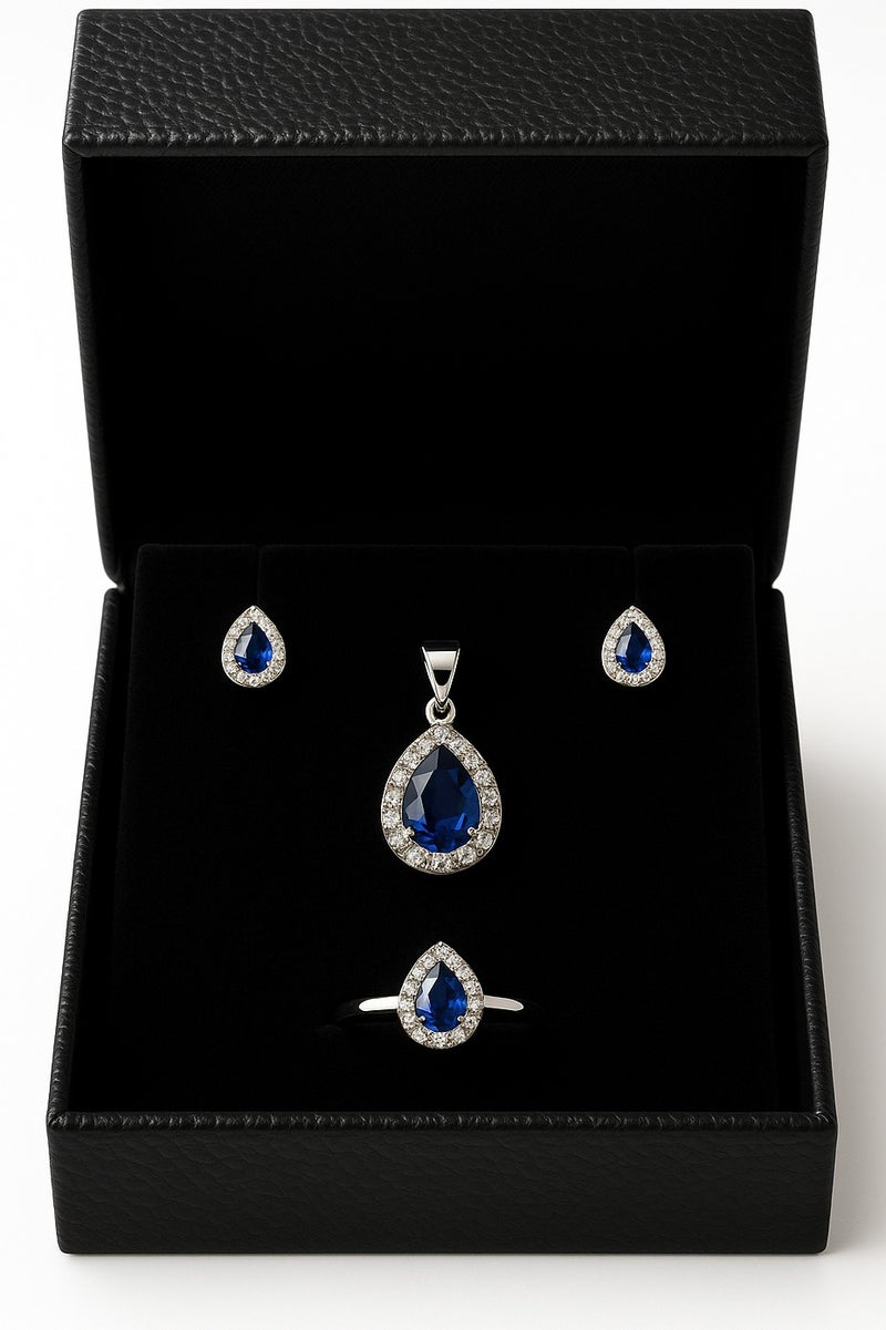 Ready For Chai 925 Sterling Silver Teardrop Sapphire Blue CZ Halo Jewelry Set Pendant, Earrings & Ring | Anti-Tarnish - Image 2