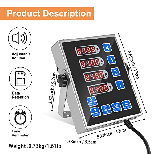 YOOYIST Kitchen Timers for Cooking – 4 Channel Commercial Kitchen Timer Restaurant Kitchen Supplies – Stainless Steel LED Technology Kitchen Timer Digital – Reminder Function, Loud Alarm, Black - Image 3