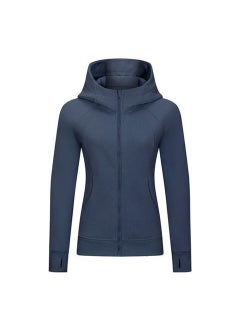 Autumn/Winter Yoga Suit Running Jacket Fitness Topslims Smooths Your Silhouette Hooded Cardigan Sweatshirt Womens Fleece-Lined Navy blue