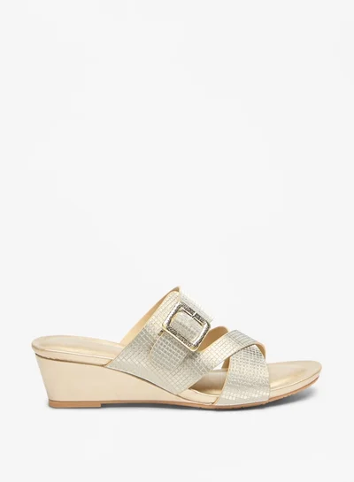 Flora Bella By Shoexpress Women's Textured Cross Strap Slide Sandals With Buckle Accent And Wedge Heels