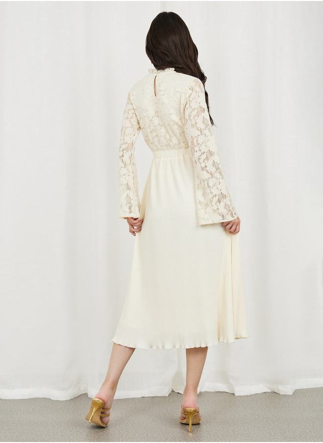 Styli - Lace Detail Pleated Hem A-Line Midi Dress - Image 1
