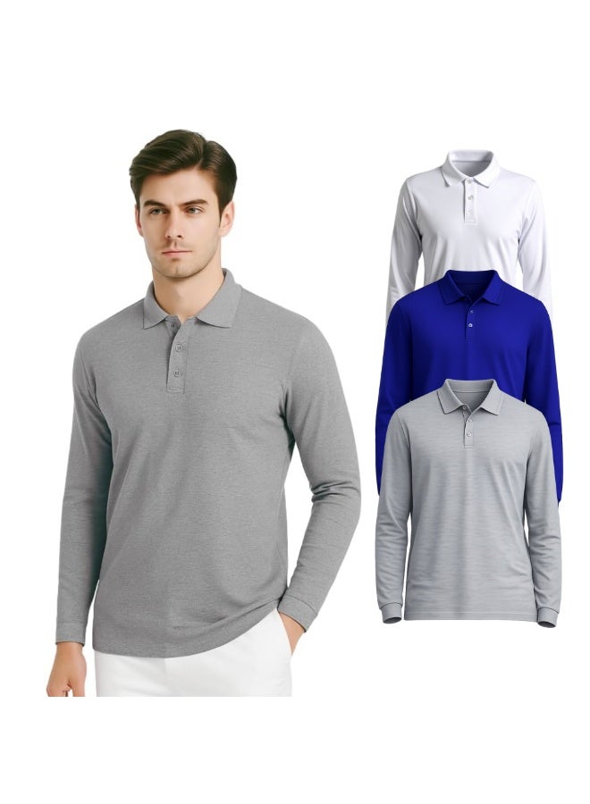 برينت شوب فور مي طقم تيشيرتات بولو رجالية بأكمام طويلة (3 قطع) | تيشيرتات بولو قطنية بياقة | تيشيرتات كاجوال مناسبة للعمل المكتبي، والسفر، والأنشطة الخارجية، والاستخدام اليومي - Image 1