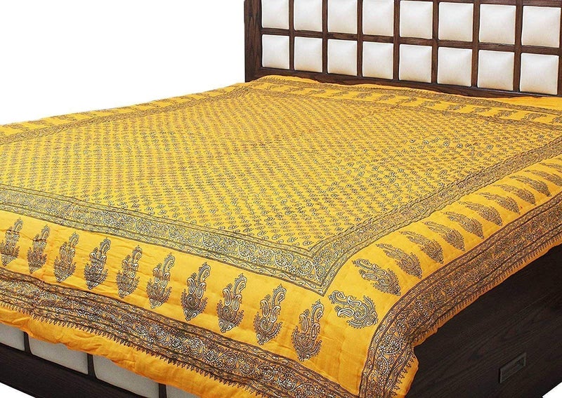 Lilfly Rajasthani Traditional Light Weight Pure Cotton Single Bed Soft Jaipuri AC Quilt/Razai with Gold Block muglai Print Quilts Blankets for Home (Size 85 X 55 inch) Yellow - Image 2