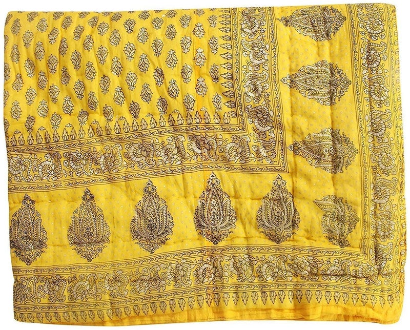 Lilfly Rajasthani Traditional Light Weight Pure Cotton Single Bed Soft Jaipuri AC Quilt/Razai with Gold Block muglai Print Quilts Blankets for Home (Size 85 X 55 inch) Yellow - Image 3