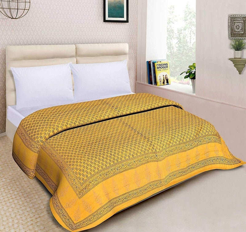 Lilfly Rajasthani Traditional Light Weight Pure Cotton Single Bed Soft Jaipuri AC Quilt/Razai with Gold Block muglai Print Quilts Blankets for Home (Size 85 X 55 inch) Yellow - Image 5