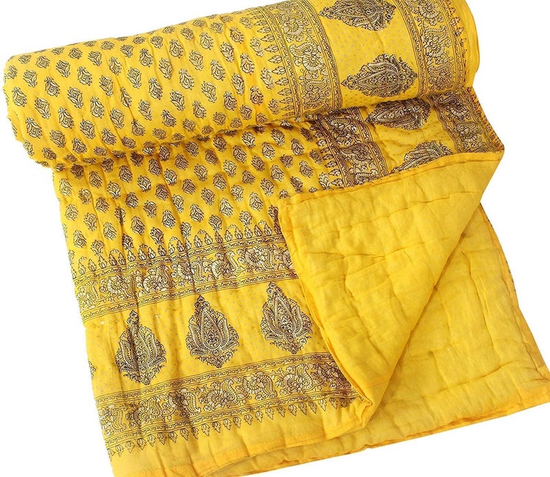 Lilfly Rajasthani Traditional Light Weight Pure Cotton Single Bed Soft Jaipuri AC Quilt/Razai with Gold Block muglai Print Quilts Blankets for Home (Size 85 X 55 inch) Yellow - Image 4