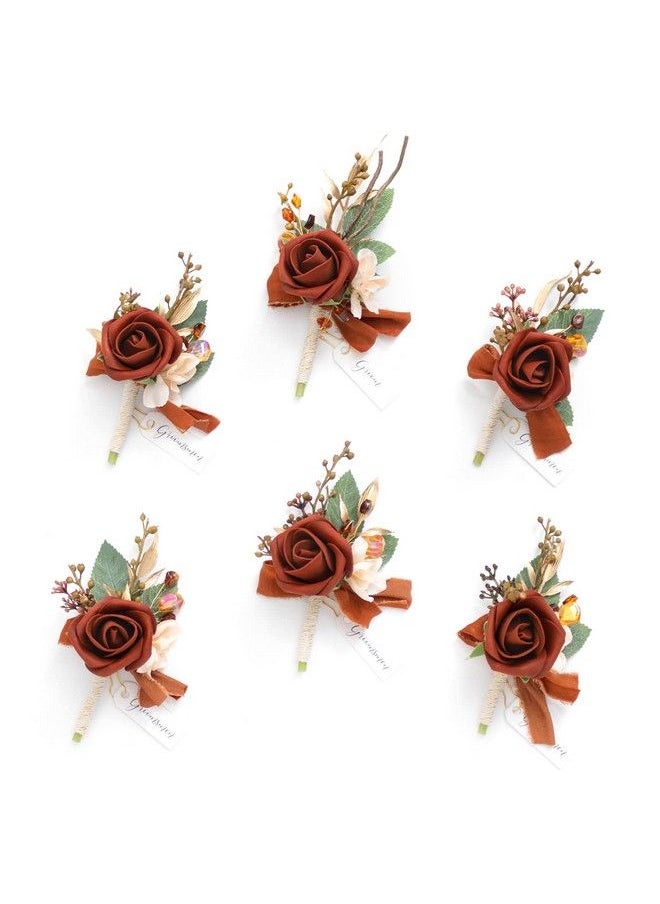 Ling's moment Set Of 6 Boutonniere For Men For Wedding Groom Groomsmen Boutonniere For Wedding Ceremony Anniversary Formal Dinner Party Terracotta  - Image 1