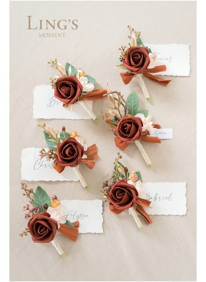 Ling's moment Set Of 6 Boutonniere For Men For Wedding Groom Groomsmen Boutonniere For Wedding Ceremony Anniversary Formal Dinner Party Terracotta  - Image 4