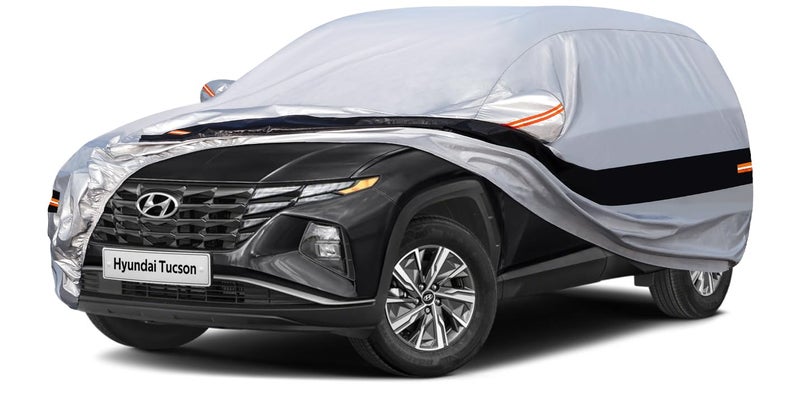 غطاء سيارة هولثلي 10 طبقات مخصص لسيارة SUV لهيونداي توكسون 2004-2024 مقاوم للماء لجميع الأحوال الجوية للسيارات في الهواء الطلق غطاء كامل حماية من المطر والشمس والأشعة فوق البنفسجية فضي