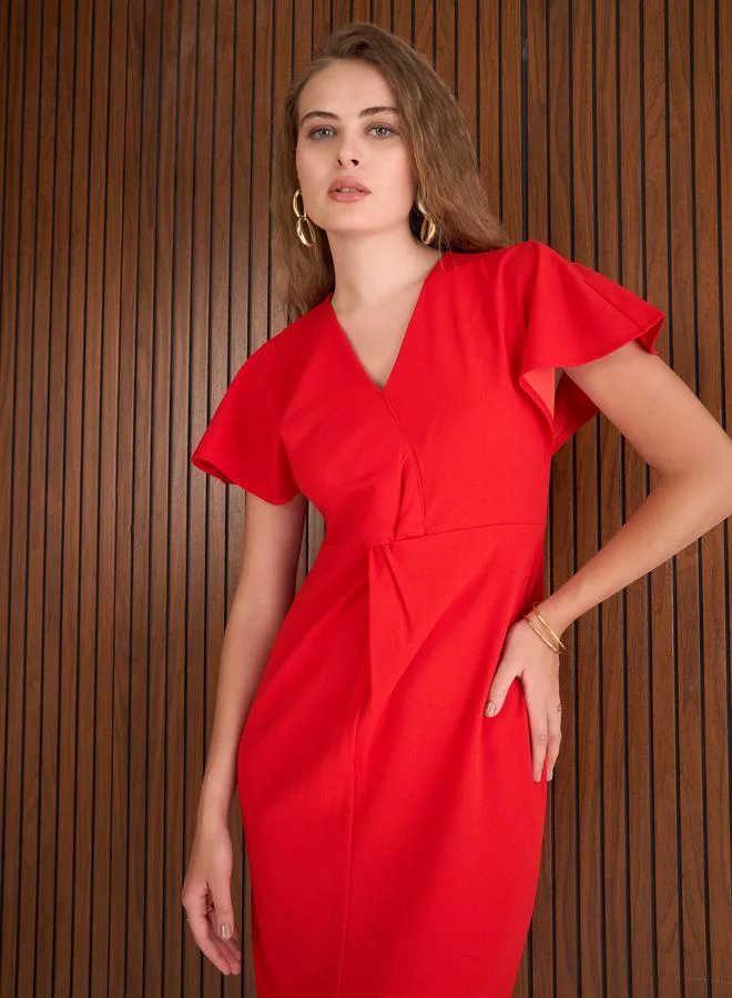 SASSAFRAS Sassafras Red Solid Flared Sleeves Sheath Midi Dress