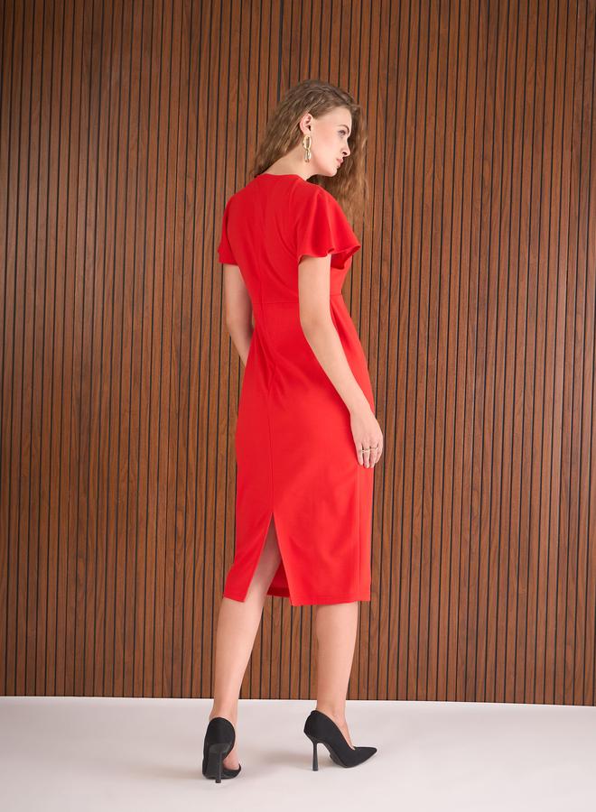 Sassafras Red Solid Flared Sleeves Sheath Midi Dress - Image 5