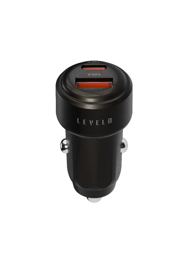 LEVELO Nori Mini 60W PD Car Charger Dual type-C & USB-A port / Type-C to Type-C Cable / Durable Material / Fast Charging / Compact Design – grey - Image 2