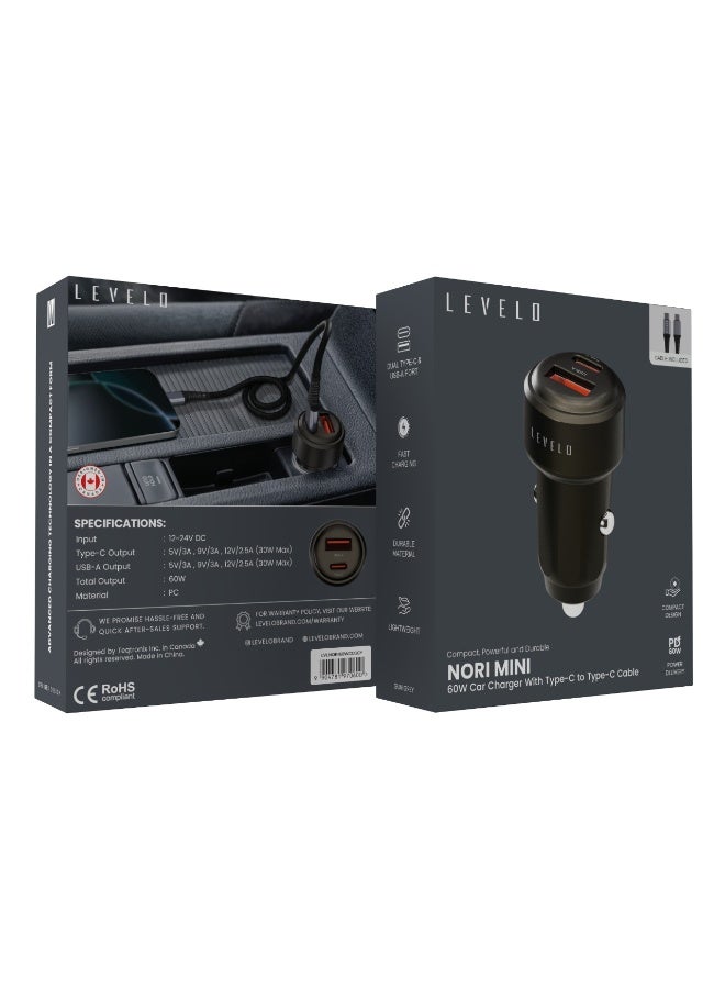LEVELO Nori Mini 60W PD Car Charger Dual type-C & USB-A port / Type-C to Type-C Cable / Durable Material / Fast Charging / Compact Design – grey - Image 5