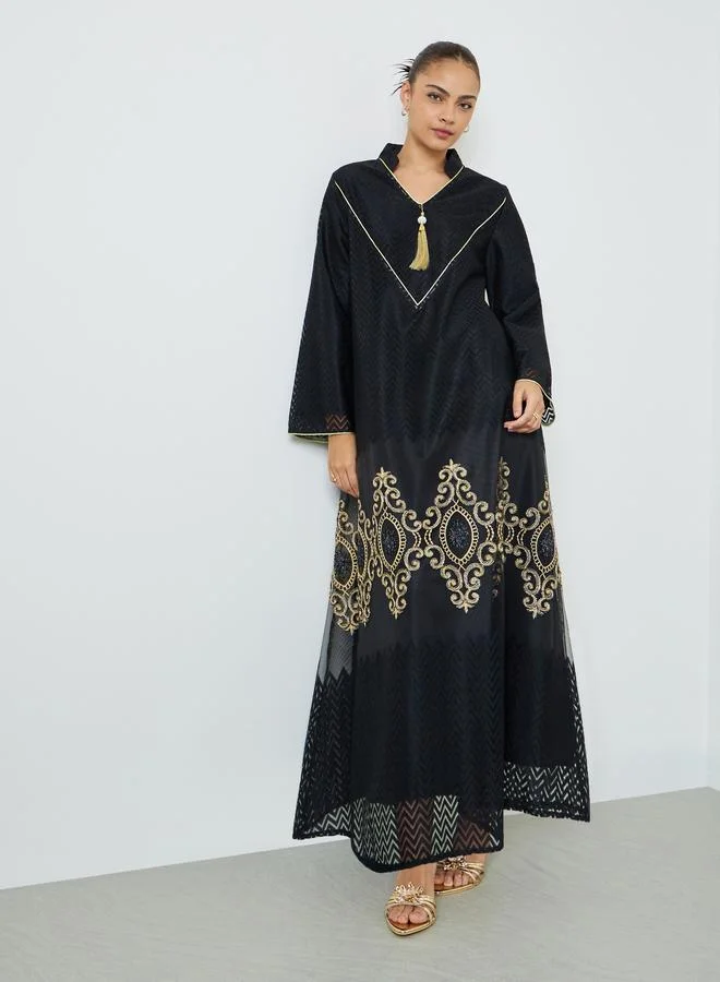 أميرة Black Organza Lace Insert Jalabiya