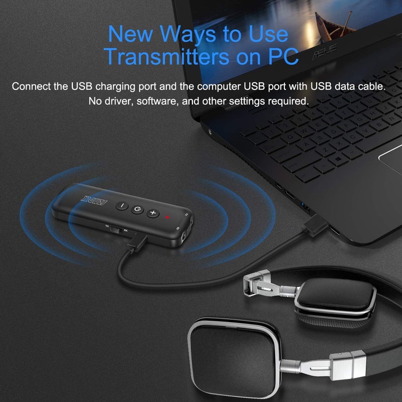Upgraded Bluetooth 5.3 Transmitter 3-in-1, Portable Wireless Rechargeable Transceiver Adapter for TV PC, Stereo Audio Receiver for Car Speaker System (Black-3) - Image 5