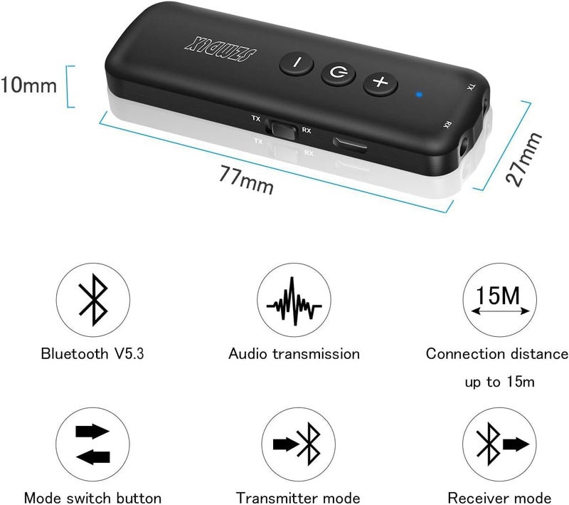Upgraded Bluetooth 5.3 Transmitter 3-in-1, Portable Wireless Rechargeable Transceiver Adapter for TV PC, Stereo Audio Receiver for Car Speaker System (Black-3) - Image 2