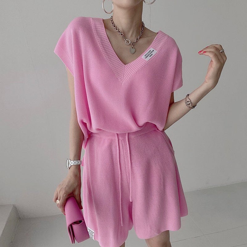 South Korea Chic Sweet V-Neck Loose Letter Sticker Short-Sleeved Knit Sweater Drawstring High Waist Casual Wide-Leg Shorts for Women Black - Image 2