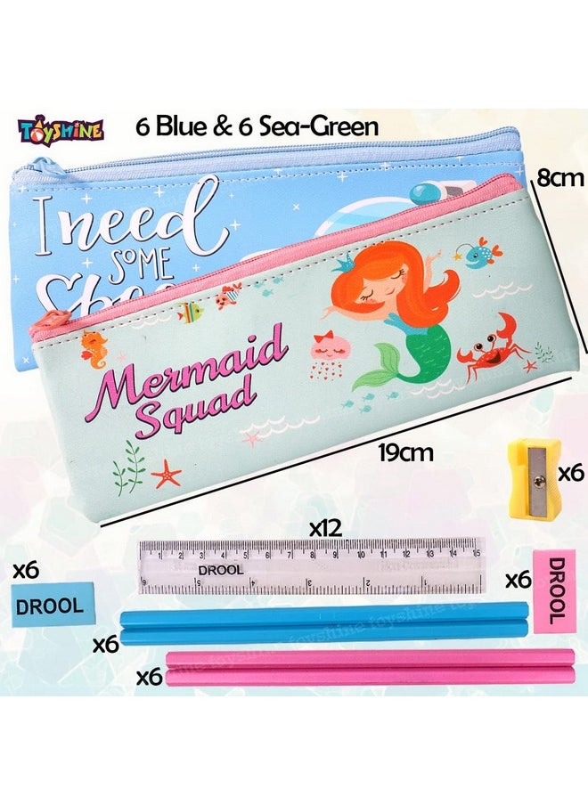 Toyshine Toyshine Pack Of 12 Space & Mermaid Soft Pencil Storage Case Pouch With Stationery, Kids School Supply Organizer Students Stationery Pouch For Girls, Return Gift Birthday Party - Fabric, Multicolor  - Image 5