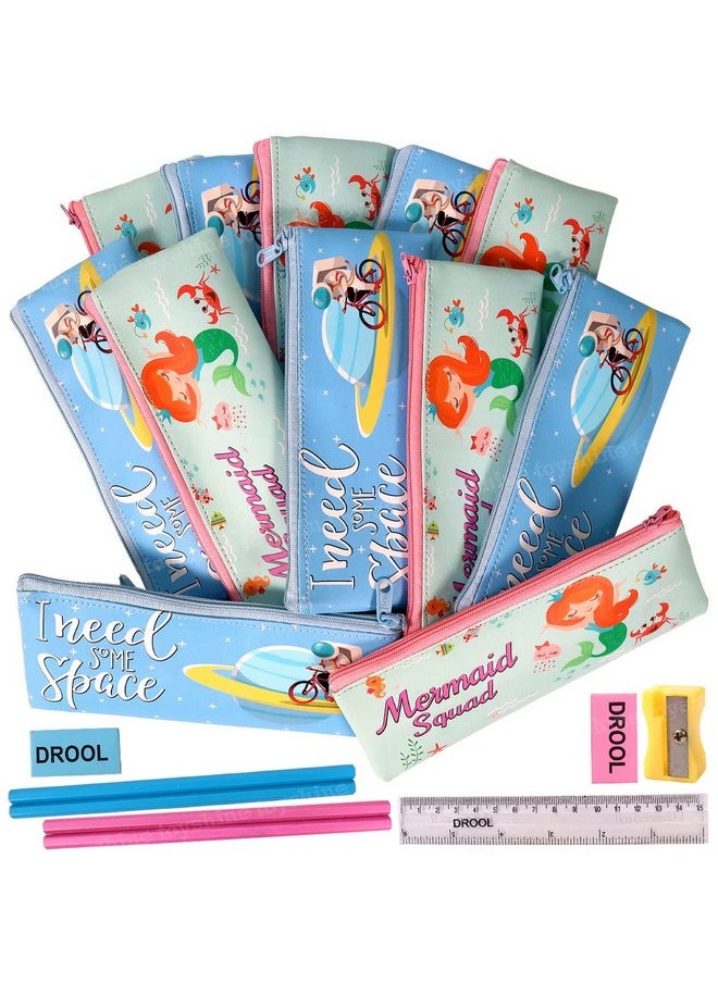 Toyshine Toyshine Pack Of 12 Space & Mermaid Soft Pencil Storage Case Pouch With Stationery, Kids School Supply Organizer Students Stationery Pouch For Girls, Return Gift Birthday Party - Fabric, Multicolor  - Image 1