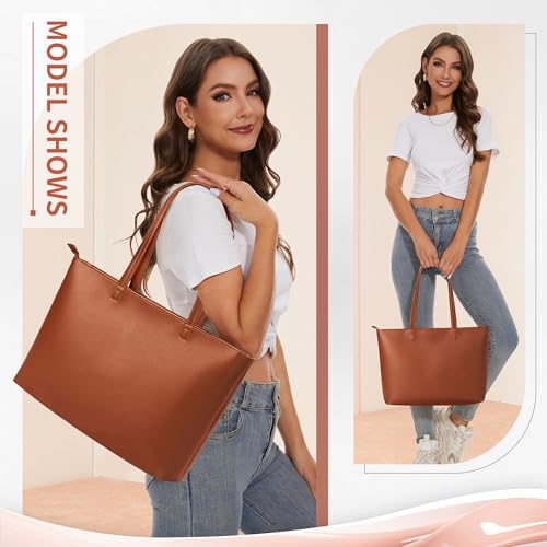 KALIDI FANCY FOREST KALIDI Tote Bag Zipper Shoulder Bag Faux Leather Purses Satchel for Women Casual Handbag Work Dating College, Brown - Image 4