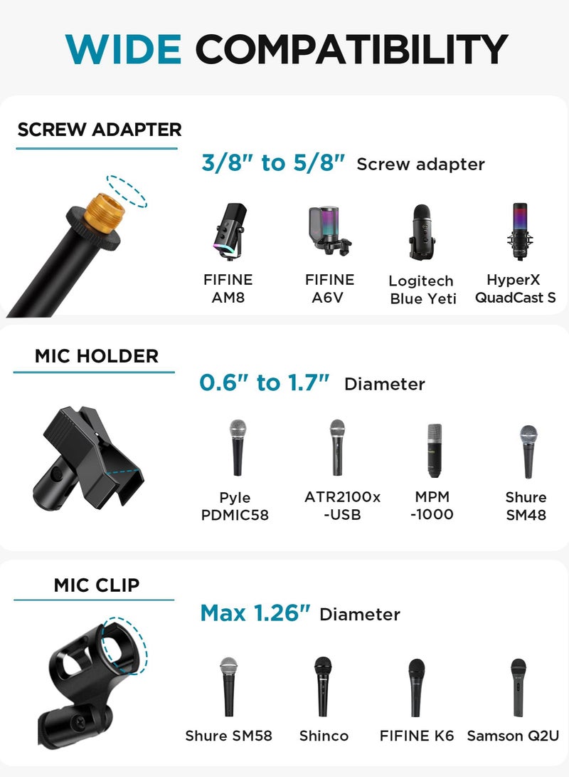 Arabest Microphone Stand, Tripod Boom Arm Floor Mic Stand Height Adjustable Heavy Duty with Carrying Bag 2 Mic Clips 3/8" to 5/8" Adapter for Singing Podcast for Blue Yeti Shure SM58 SM48 Samson - Image 5