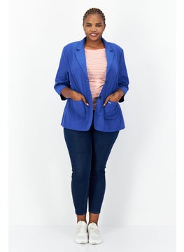 Samoon Women Regular Fit Solid  Blazer, Blue  - Image 3