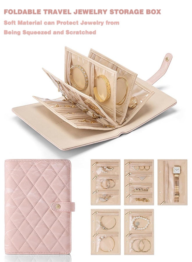 Travel Jewelry Organizer Case, Jewelry Storage Book Ring Binder with Clear Zipper Velvet Pouch Bag for Travel Essentials, Rings, Necklace, Earrings, Bracelets, Brooches, Gifts for Women-Sand Pink - Image 1