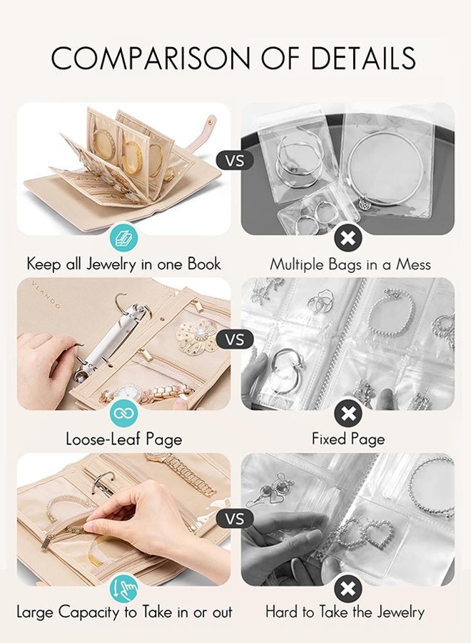 Travel Jewelry Organizer Case, Jewelry Storage Book Ring Binder with Clear Zipper Velvet Pouch Bag for Travel Essentials, Rings, Necklace, Earrings, Bracelets, Brooches, Gifts for Women-Sand Pink - Image 5