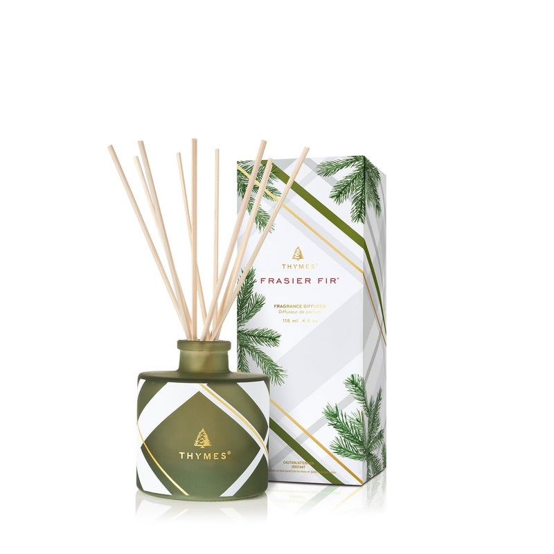 Thymes Frasier Fir Reed Diffuser Set Includes Reeds Fragrance Oil and Frosted Glass Bottle Fragrance Oil Diffuser Room Fresheners Luxury Home Decor Green White Frosted Plaid 4 fl oz