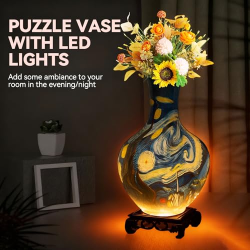 YunSheCSBS 3D Puzzles Vase for Adults Crafts for Adults 164 Pieces Plastic DIY Unique Flower Vase with LED Light House Warming Gift Birthday Gifts for Flower Arrangements and Home Decor Blue - Image 5