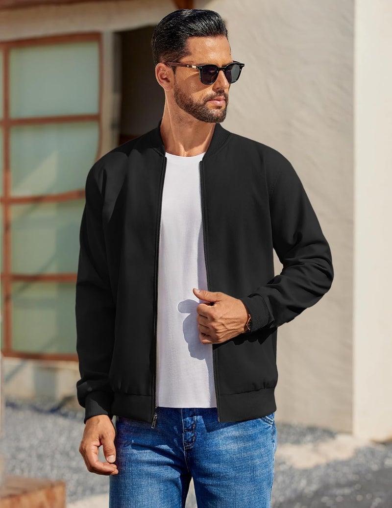COOFANDY Men's Lightweight Bomber Jacket - Full Zip Windbreaker in Black - Image 2