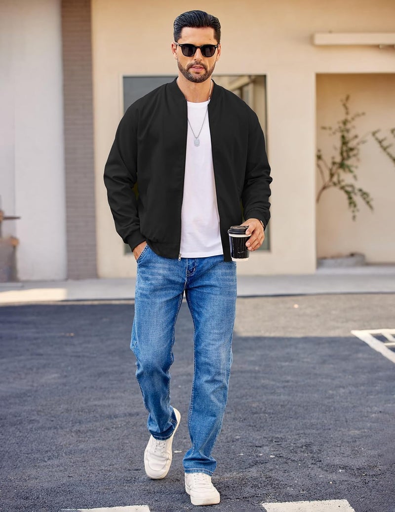 COOFANDY Men's Lightweight Bomber Jacket - Full Zip Windbreaker in Black - Image 4