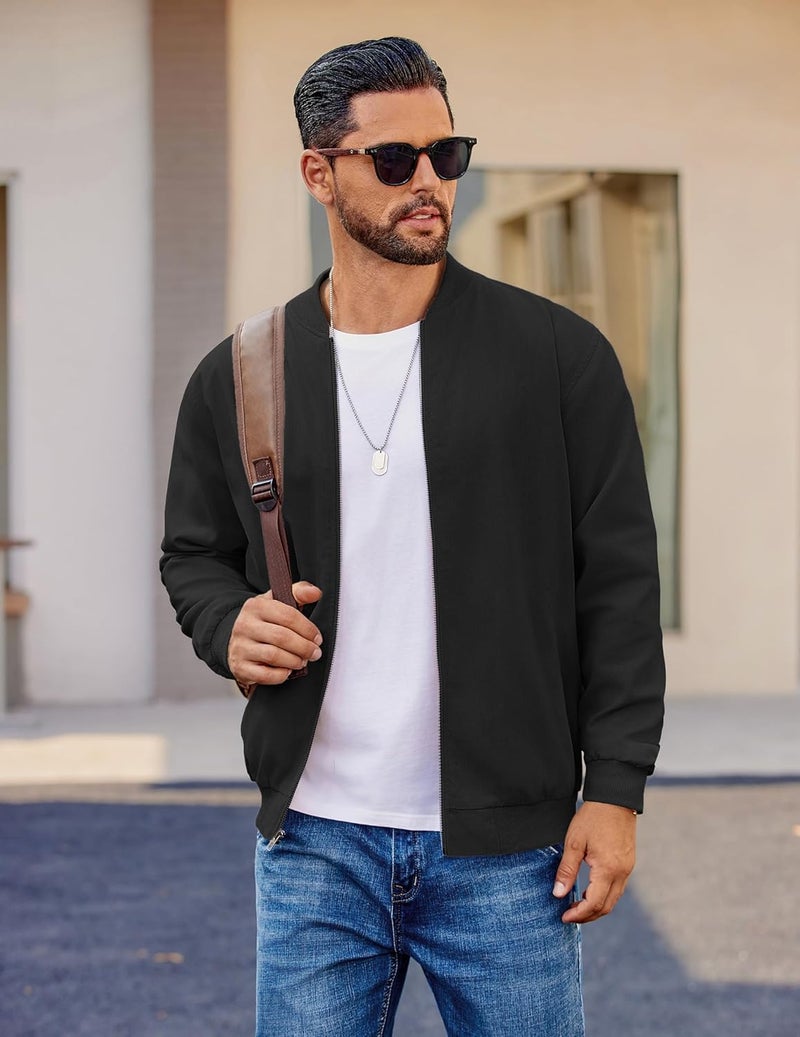 COOFANDY Men's Lightweight Bomber Jacket - Full Zip Windbreaker in Black - Image 3