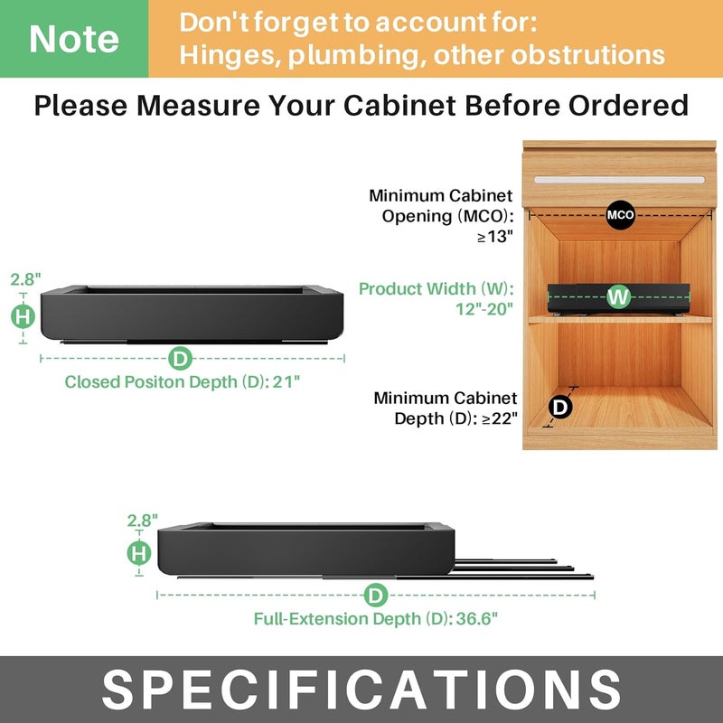 Kitstorack 2 Pack Pull out Cabinet Organizer, Expandable(12"-20") Heavy Duty Slide out Drawer Fixed with Adhesive Nano Film for Pots, Roll out Shelf Storage for Kitchen Organization, Pantry, Bathroom(Black) - Image 2